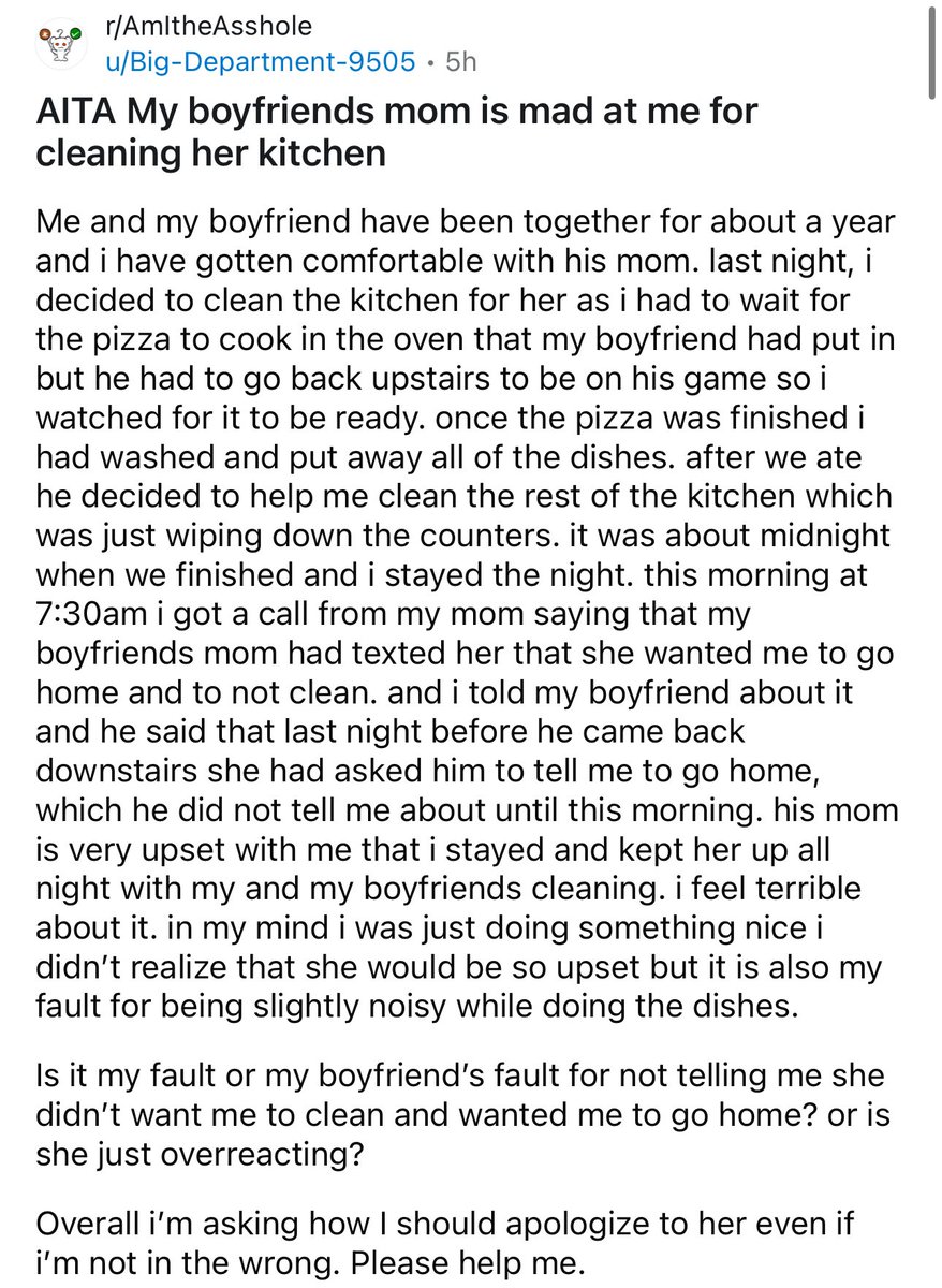 amithearsehole's tweet image. AITA - my boyfriend’s mom is mad at me for cleaning her kitchen?