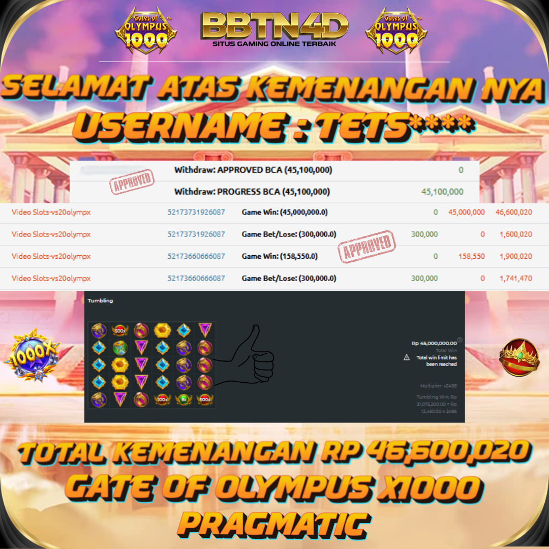 👑 Selamat Untuk Member BBTN4D

👤 USER ID : TETS****

🔥 WIN GATE OF OLYMPUS X1000 (Rp 46,600,020)
🔥 TOTAL WD : Rp 45,100,000
✅ DAFTAR DI BBTN4D AMAN DAN TERPERCAYA
✅ TERIMA DEPO VIA PULSA, BANK, E-WALLET DAN QRIS

💰 MIN DEPO Rp 10,000

📌 LINK : mssg.me/bbtn4d