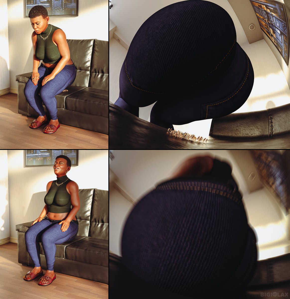 After a long day, all Jada wanted was to seat on the couch and relax, though to her surprise, it felt unusually comfortable today, i wonder why...🤔

As promised, here's a very rare buttcrush render, enjoy 😏