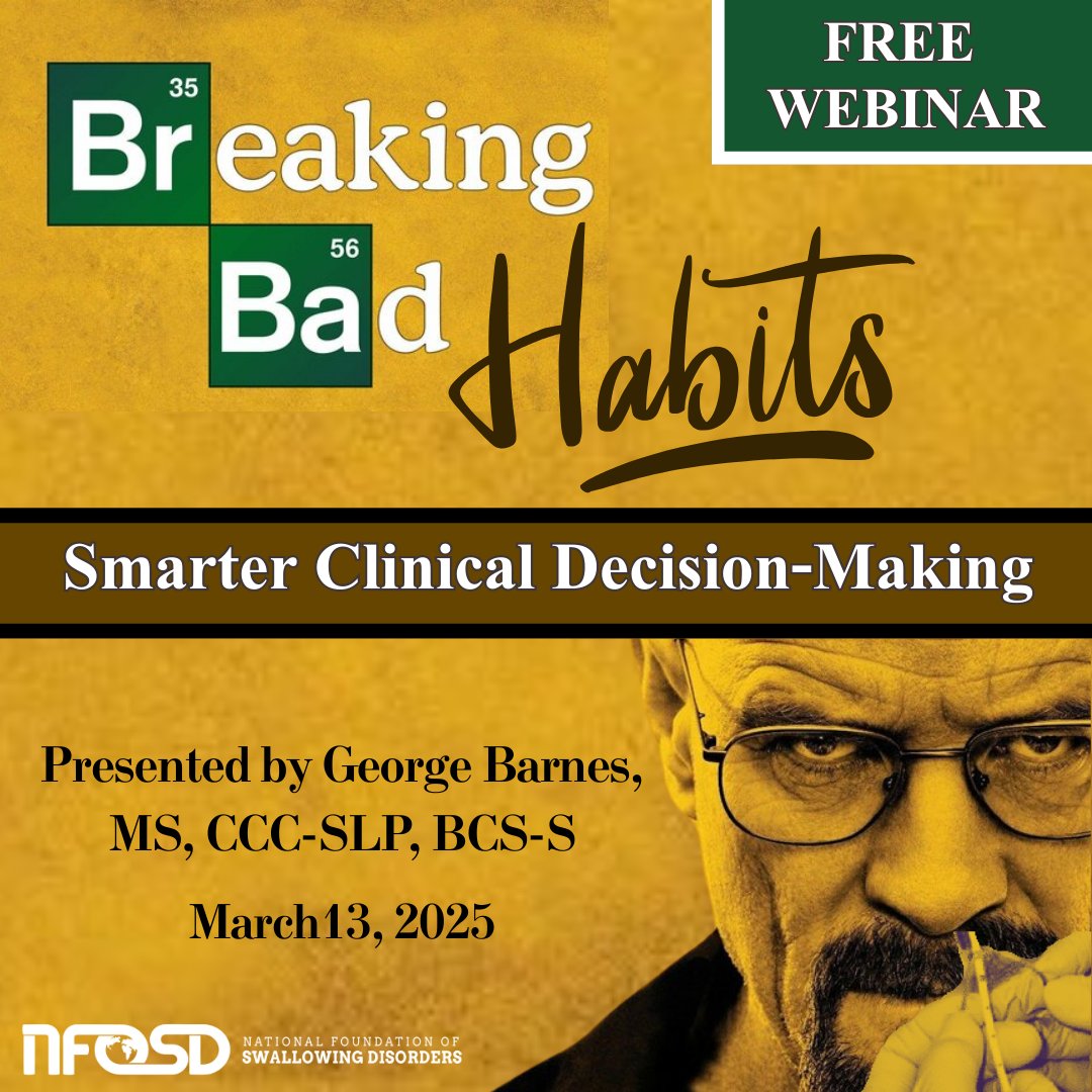 🧪 Join us for our next webinar presented by George Barnes, MS, CCC-SLP, BCS-S!

This presentation dives into the common errors in decision-making—how to recognize them, prevent them, and minimize their impact when they happen.

swallowingdisorderfoundation.com/breaking-bad-h…

#YeahScience