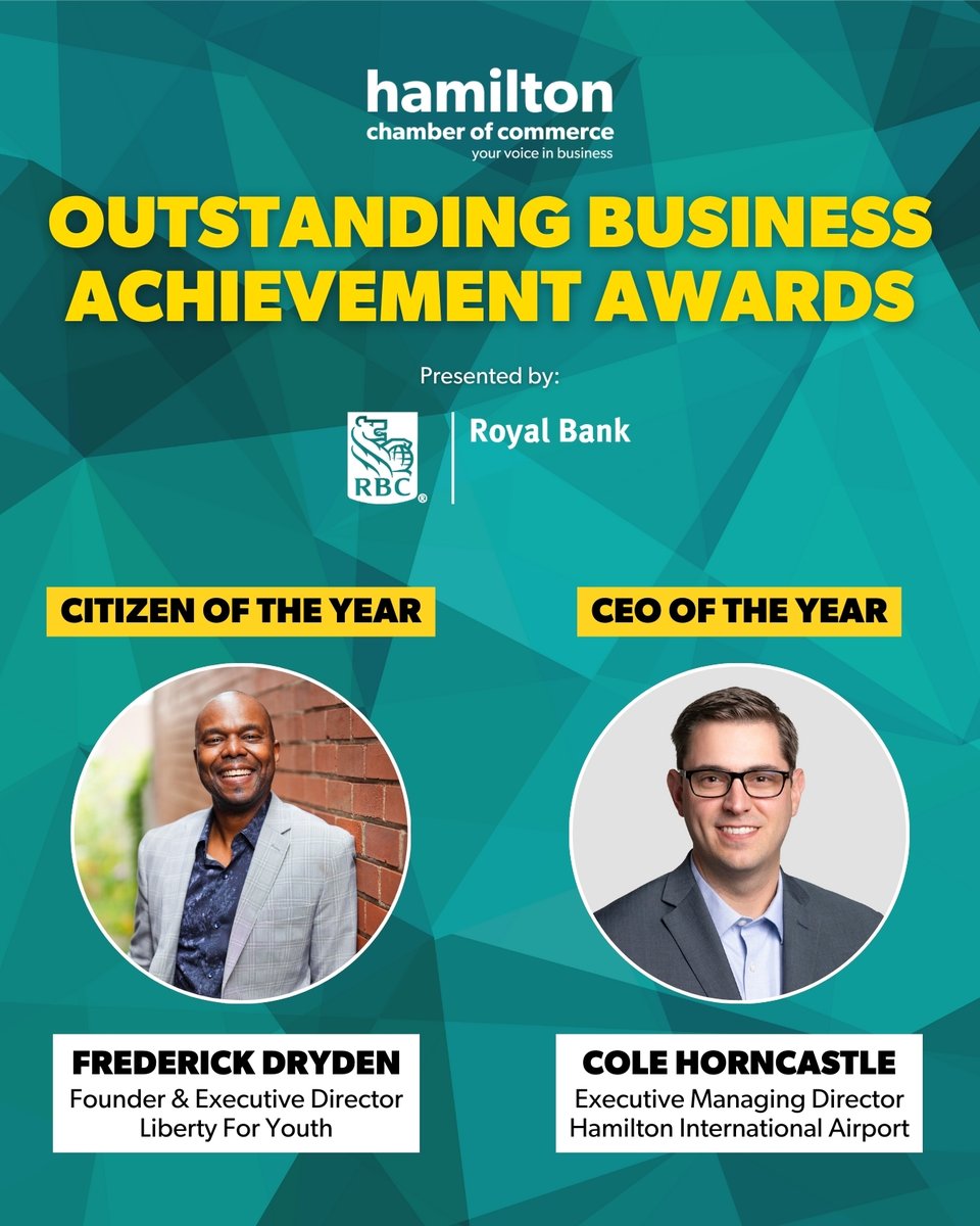 JUST ANNOUNCED: A huge congrats to Frederick Dryden (@libertyforyouth) and Cole Horncastle (<a href="/flyyhm/">Hamilton International Airport (YHM)</a>)!

Join us on March 26 for our annual awards gala to celebrate Frederick, Cole, and the rest of our incredible 2025 OBAA finalists.

🏆 | hamiltonchamber.ca/citizen-ceo-fi…