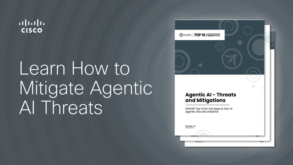 Cisco Security (@ciscosecure) on Twitter photo ๐ค AI agentsโ ability to automate tasks offers great potential. But what about our ability to secure these new agentic systems?
This guide from <a href="/LLM_Top10/">OWASP GenAI Security Project - Top 10 For LLM Apps</a> provides a threat-model-based reference of emerging agentic threats and discusses mitigations: cs.co/6014LNK6j ๐ค AI agentsโ ability to automate tasks offers great potential. But what about our ability to secure these new agentic systems?
This guide from <a href="/LLM_Top10/">OWASP GenAI Security Project - Top 10 For LLM Apps</a> provides a threat-model-based reference of emerging agentic threats and discusses mitigations: cs.co/6014LNK6j