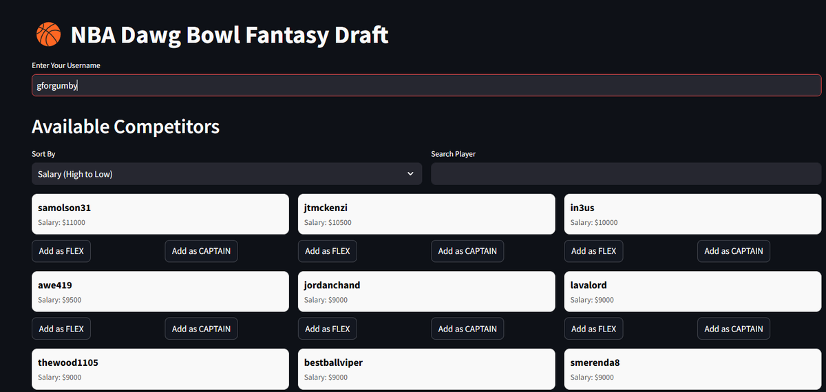 GumbyUD's tweet image. Decided to make a mini game for the Underdog NBA Dawg Bowl. Showdown format, so the CPT scores 1.5x but costs 1.5x salary. Scoring is money won divided by 100 (the $10k you win with the seat doesn't count). 

Winner will get $100, no entry fee but single entry only.