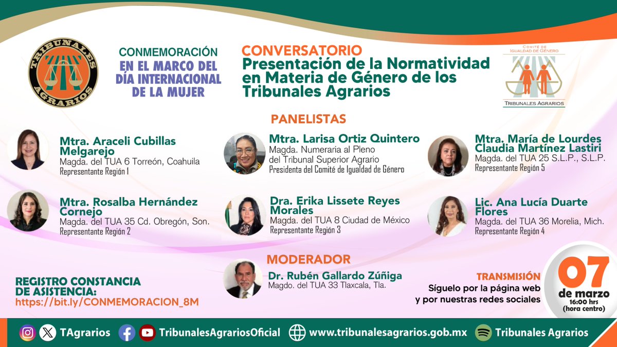 En el marco del #8M el día de mañana tendremos el conversatorio "Presentación de la Normatividad en Materia de Género de los Tribunales Agrarios", a cargo del Comité de Igualdad de Género de los Tribunales Agrarios, encabezado por la Mgda. Larisa Ortíz Quintero y en la que