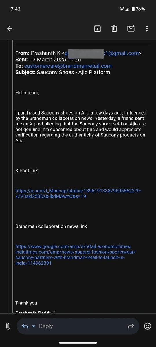 kallushanth's tweet photo. I ordered from Ajio. However, a running group member shared an X post questioning the authenticity of Ajio's Saucony shoes. I emailed Brandman Retail, who requested photos and my invoice. After providing these, they confirmed the shoes were genuine.
Brandman communication 👇 https://t.co/uXFfczMgdr