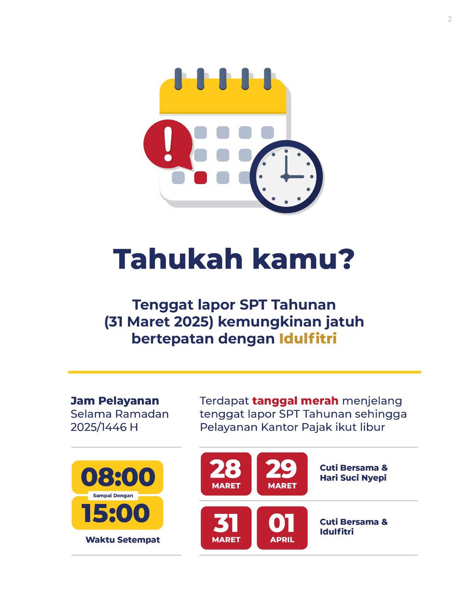 DitjenPajakRI's tweet photo. Tenggat lapor SPT Tahunan kemungkinan bertepatan dengan Idulfitri, 31 Maret 2025. Terdapat tanggal merah menjelang tenggat lapor SPT Tahunan sehingga pelayanan Kantor Pajak ikut libur. 

#KawanPajak masih tetap lapor SPT Tahunan melalui saluran online https://t.co/J6SiGrOHTD https://t.co/BiPS7HR0OU