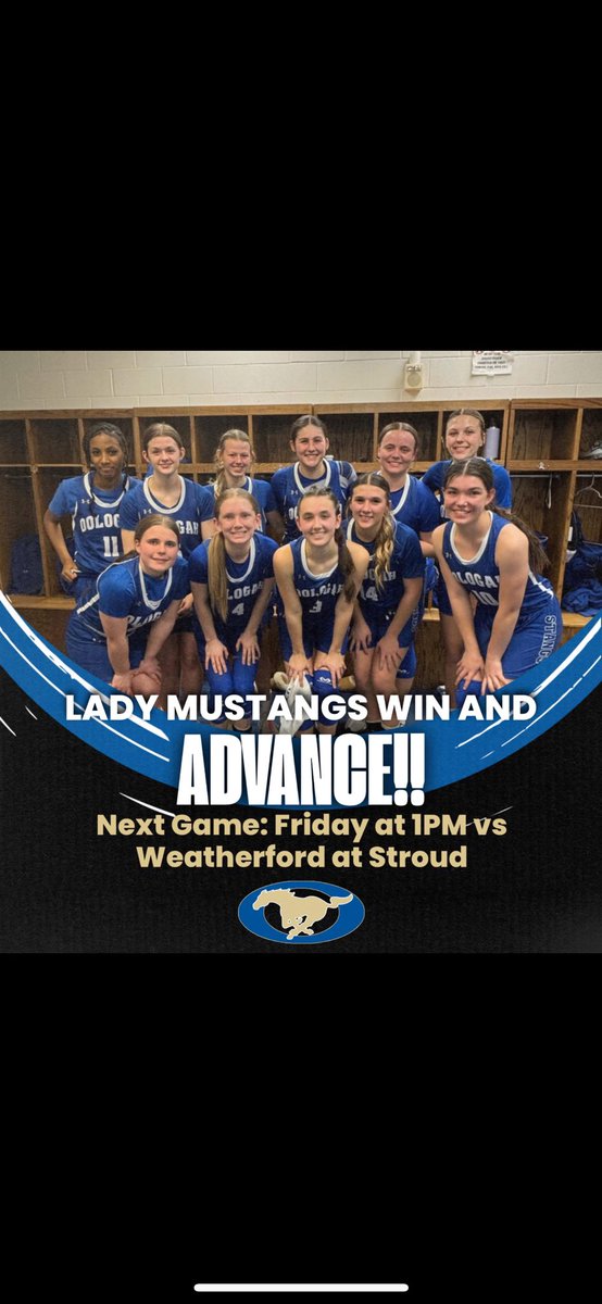 A 53-43 win over Elk City! Play tomorrow at 1pm vs Weatherford!

Kailee Seaba had a double-double, leading all scorers with 22 points and 12 boards. Calico added 9 points 7 boards. Other scorers, Charloe with 7, Hogue 6, Warford 5, Littlepage 4. 
MUSTANG MAGIC IS ALIVE AND WELL!
