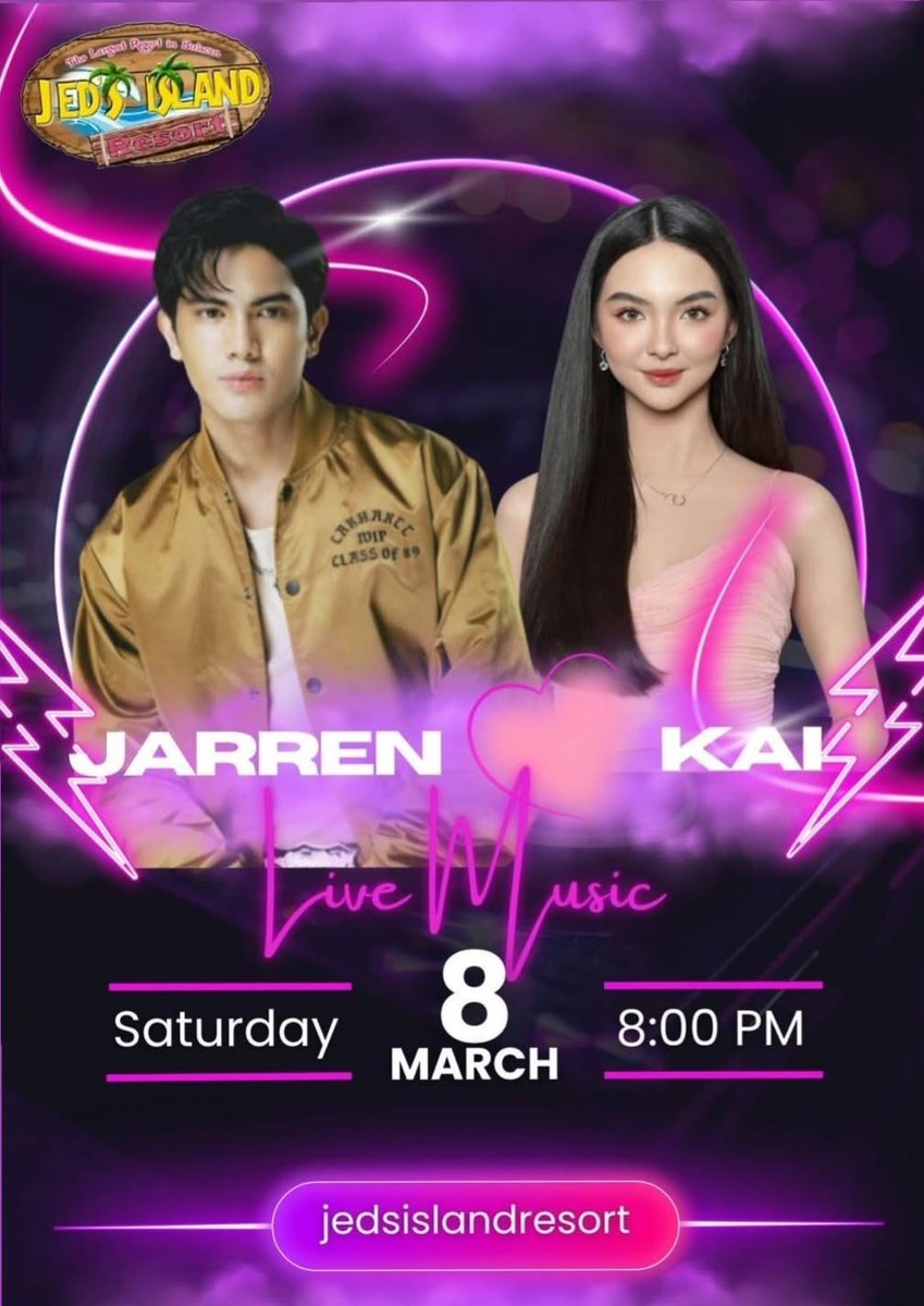 Are you ready for tomorrow's event?? 

𝐉𝐀𝐑𝐑𝐄𝐍 &amp; 𝐊𝐀𝐈 LIVE AT JEDS
🗓️ March 8, 2025/ Saturday 
⏰ Time: 8:00PM
📍 Venue: JEDS ISLAND RESORT

✨ Don’t miss out on an amazing performance and a night full of memories. See you there! 🎤🎶

📍Mc Arthur Highway Gatbuca,