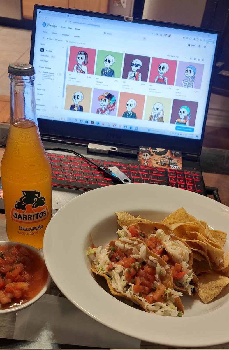 Big thanks to the <a href="/Jarritos/">Jarritos</a> Discord raffle for this $50 gift card! Beef tacos, chips, salsa, and an ice-cold Mandarin Jarritos—on the house—all because I own a Bones by Jarritos NFT. Love being part of this community!