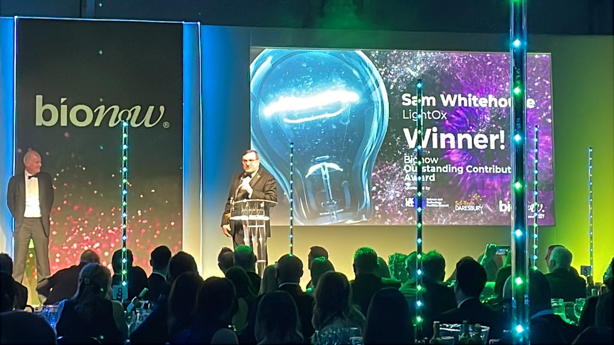 Bionow (@bionow) on Twitter photo We are delighted to announce the recipient of the #Bionow #OutstandingContribution Award is Sam Whitehouse, CEO of <a href="/Lightox5/">LightOx</a>. Thank you also to our sponsors <a href="/SciTecDaresbury/">Sci-Tech Daresbury</a> and <a href="/STFC_Matters/">Science and Technology Facilities Council</a>.
#BionowAwards #CelebratingSuccess We are delighted to announce the recipient of the #Bionow #OutstandingContribution Award is Sam Whitehouse, CEO of <a href="/Lightox5/">LightOx</a>. Thank you also to our sponsors <a href="/SciTecDaresbury/">Sci-Tech Daresbury</a> and <a href="/STFC_Matters/">Science and Technology Facilities Council</a>.
#BionowAwards #CelebratingSuccess