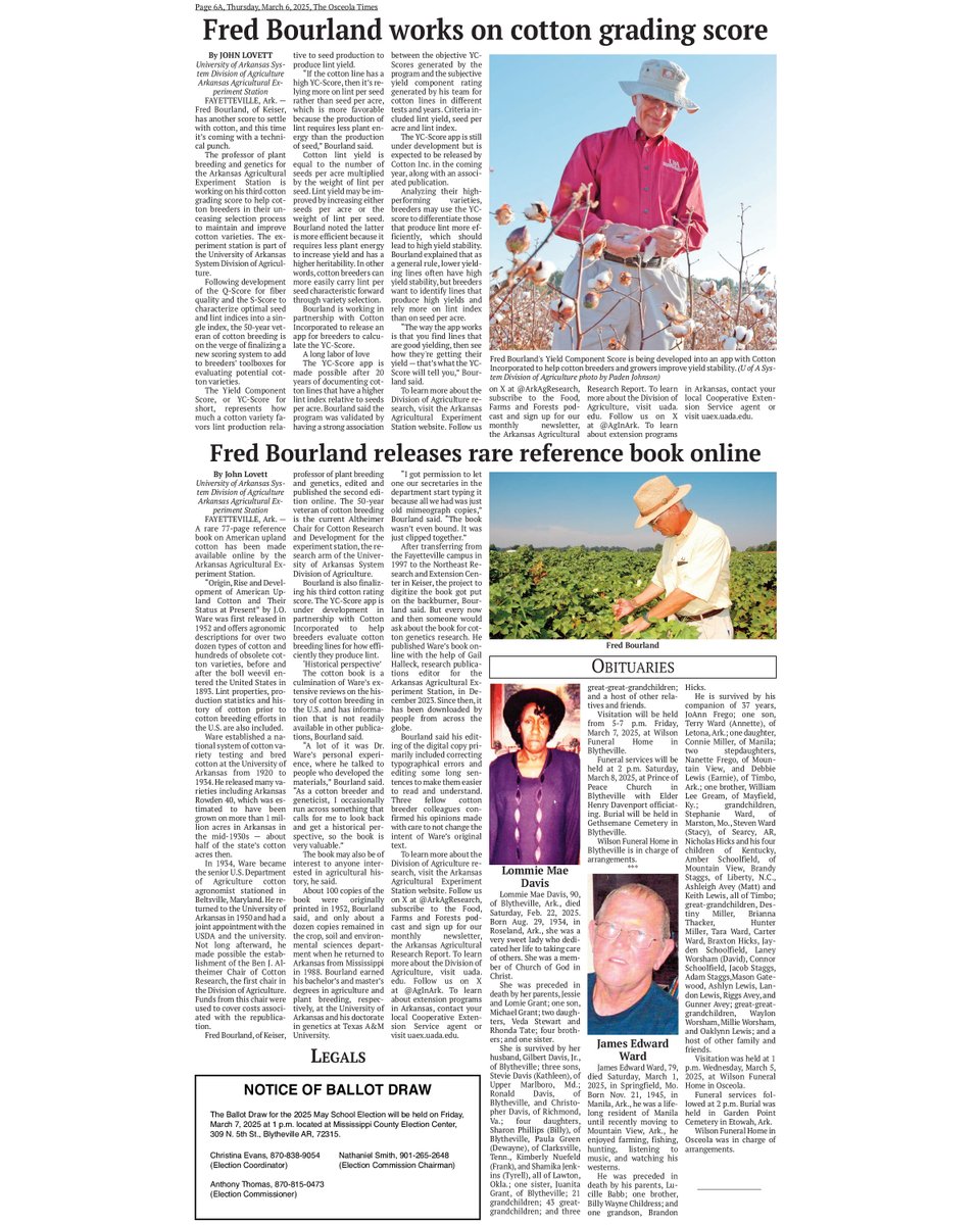 John S. Lovett (@arkansalt) on Twitter photo Still nice to see things in print! Thank you
<a href="/TheOsceolaTimes/">Osceola Times</a> for featuring Fred Bourland's work on cotton and Cheryl Tolson at <a href="/AR_Extension/">Arkansas Cooperative Extension Service</a>'s Mississippi Co. office for help getting it there.
<a href="/AginArk/">UA System Div of Ag</a> <a href="/ArkAgResearch/">Arkansas Agricultural Experiment Station</a> <a href="/AginarkK/">AgInArk_Keiser2</a> <a href="/ARPressAssoc/">Arkansas Press Association</a> Still nice to see things in print! Thank you
<a href="/TheOsceolaTimes/">Osceola Times</a> for featuring Fred Bourland's work on cotton and Cheryl Tolson at <a href="/AR_Extension/">Arkansas Cooperative Extension Service</a>'s Mississippi Co. office for help getting it there.
<a href="/AginArk/">UA System Div of Ag</a> <a href="/ArkAgResearch/">Arkansas Agricultural Experiment Station</a> <a href="/AginarkK/">AgInArk_Keiser2</a> <a href="/ARPressAssoc/">Arkansas Press Association</a>