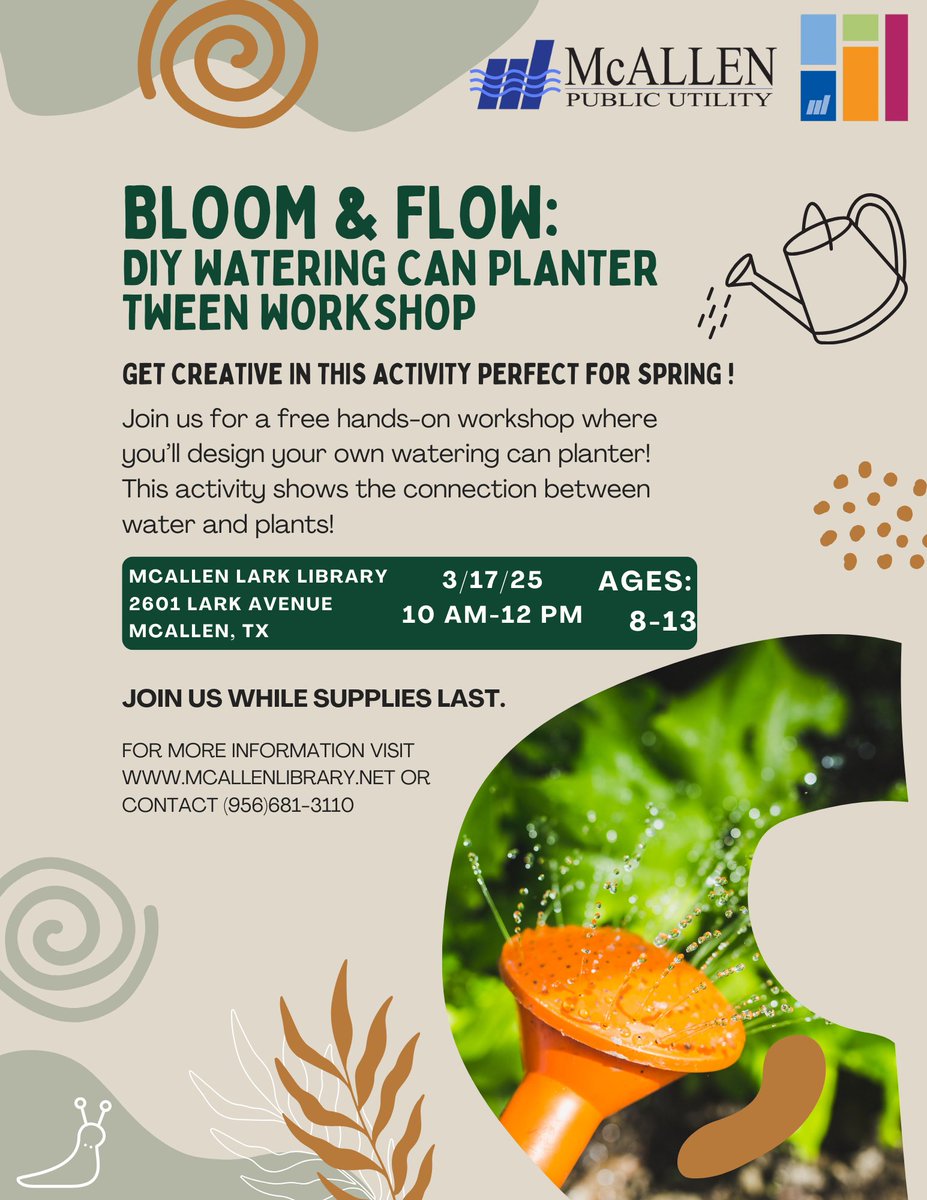 Get creative this spring break! Join our water education team at this FREE hands-on tween workshop! 

📍McAllen Lark Library
⏰10 AM- 12 PM
📅March 17, 2025

Supplies are on a first come, first served basis, so don't miss out! See you there!