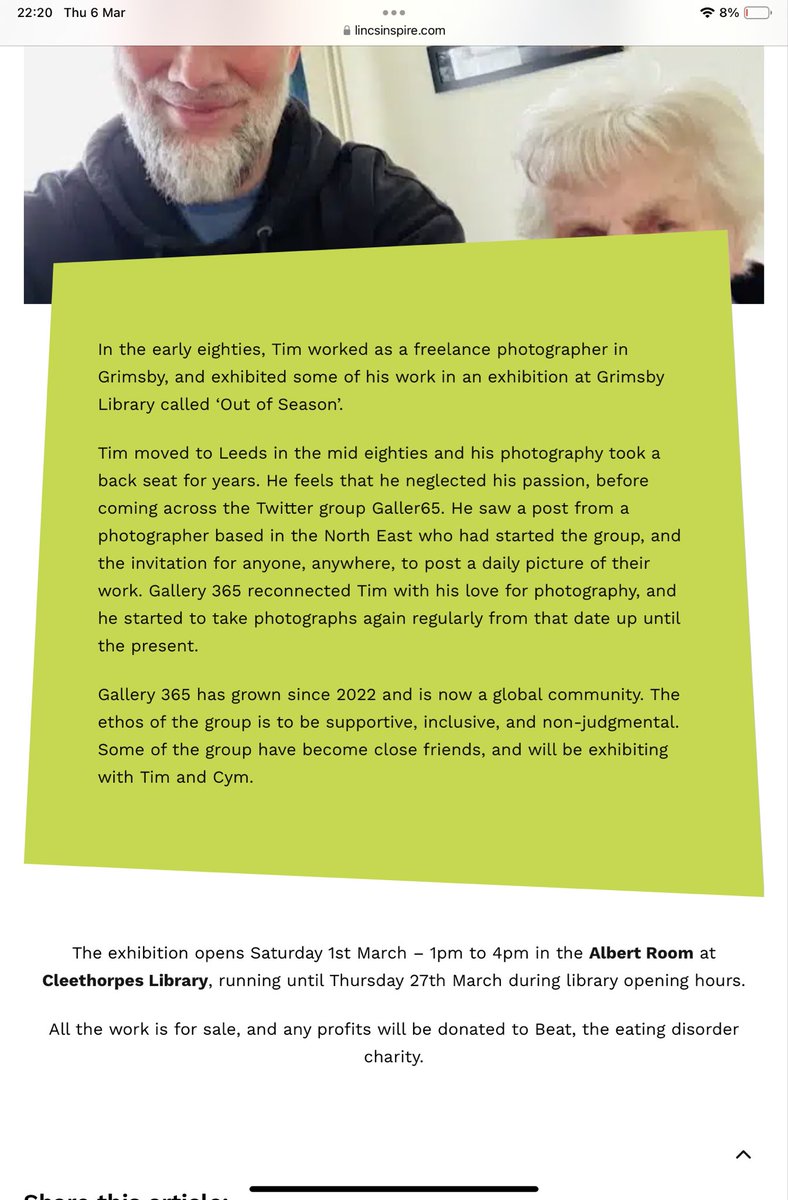 A lovely story on <a href="/LincsInspire/">Lincs Inspire</a> for our Tim (<a href="/TimWhitleytimw1/">Tim Whitley</a> ) &amp; his mum &amp; including some commentary re <a href="/Gallery365photo/">Gallery365photo</a> - if you live within range of Cleethorpes do try to get along by 27th March😀