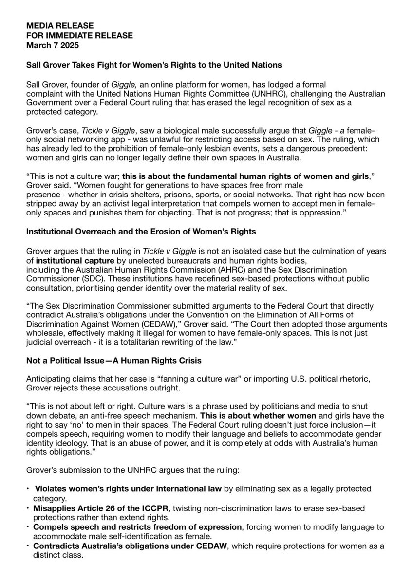salltweets's tweet image. **Giggle v Tickle Update**

I am taking Australia to the United Nations, because institutional capture has led to women being discriminated against *because* we’re female.