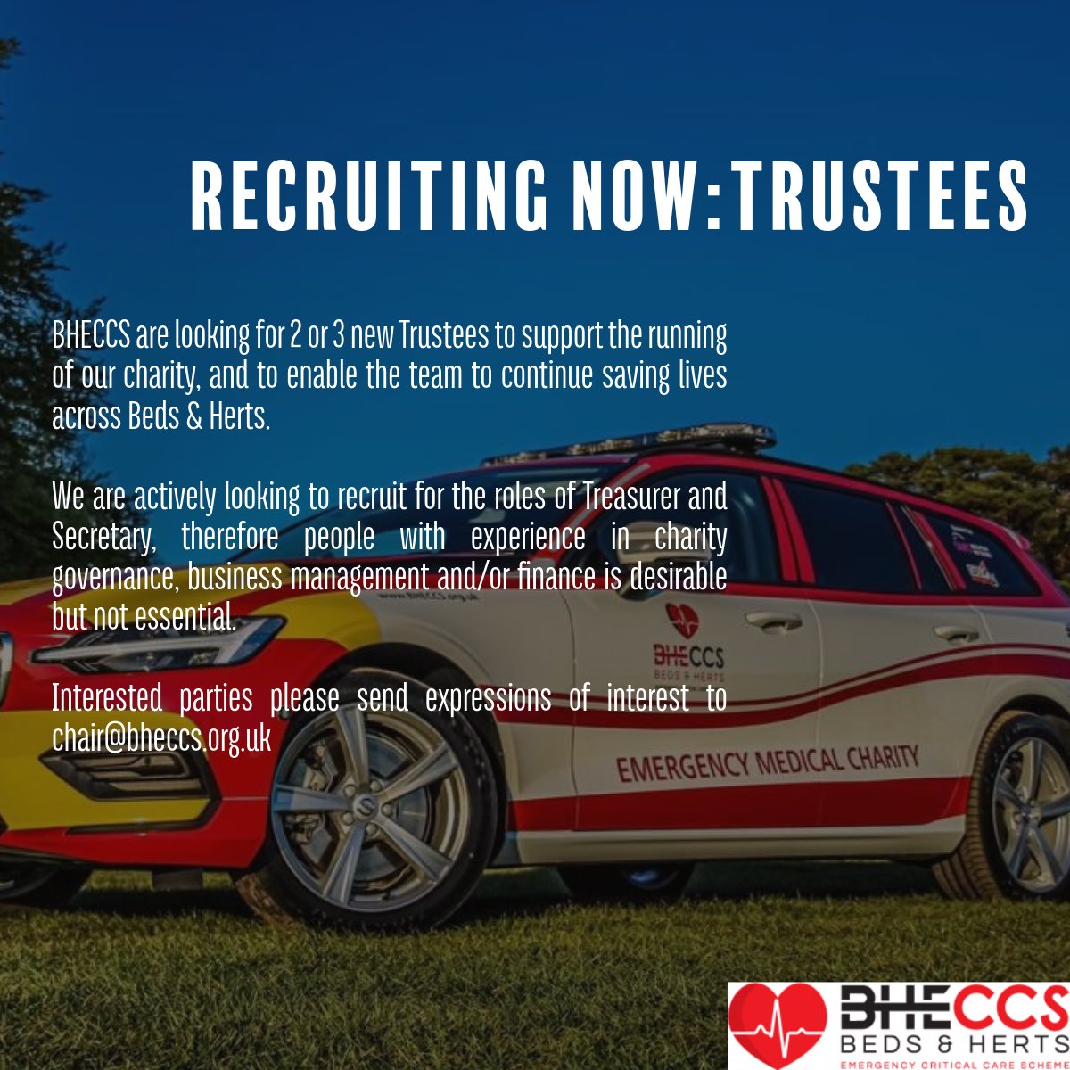 Beds & Herts Emergency Critical Care Scheme (@bheccs) on Twitter photo We’re recruiting! 🚨
Check if you’re eligible to be a trustee here:
gov.uk/government/pub…
Interested parties please send expressions of interest to chair@bheccs.org.uk
#BHECCS #Charity #Trustee #Bedfordshire #Hertfordshire We’re recruiting! 🚨
Check if you’re eligible to be a trustee here:
gov.uk/government/pub…
Interested parties please send expressions of interest to chair@bheccs.org.uk
#BHECCS #Charity #Trustee #Bedfordshire #Hertfordshire