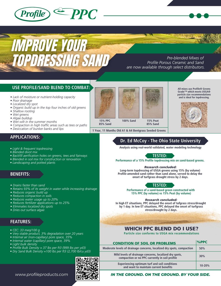 ProfileGolf's tweet image. Spring aeration season is upon us. Increase the performance of your topdressing by blending it with Greens Grade PPC. GG PPC is uniform and works with any USGA spec mix. Incorporating PPC increases plant availability of air, water, and nutrients. Works great with DryJect!