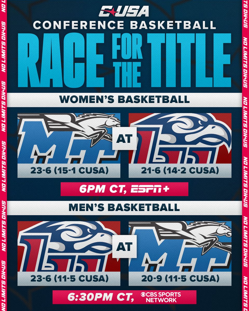 Conference USA (@conferenceusa) on Twitter photo 🚨Clash of Title Contenders Tonight 🚨
<a href="/MT_WBB/">Middle Tennessee Women's Basketball</a> vs. <a href="/LibertyWBB/">Liberty Women's Basketball</a>
<a href="/LibertyMBB/">Liberty Men's Basketball</a> vs. <a href="/MT_MBB/">Middle Tennessee Men's Basketball</a>
#NoLimitsOnUs 🚨Clash of Title Contenders Tonight 🚨
<a href="/MT_WBB/">Middle Tennessee Women's Basketball</a> vs. <a href="/LibertyWBB/">Liberty Women's Basketball</a>
<a href="/LibertyMBB/">Liberty Men's Basketball</a> vs. <a href="/MT_MBB/">Middle Tennessee Men's Basketball</a>
#NoLimitsOnUs