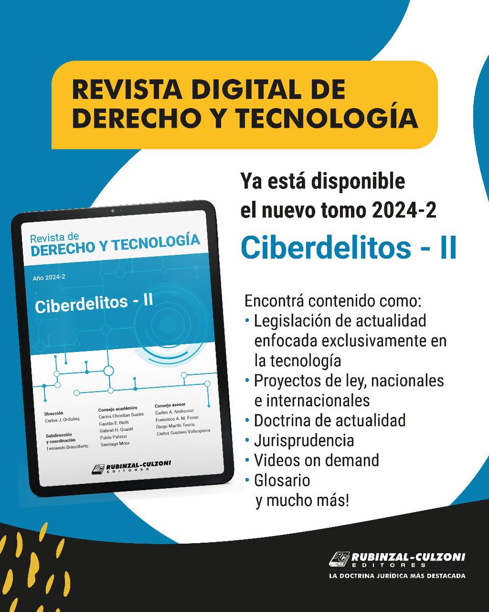 🔍 ¡Ya disponible! 
Nuevo volumen de la Revista de Derecho y Tecnología de Rubinzal ✨
Ciberdelitos II 🚀