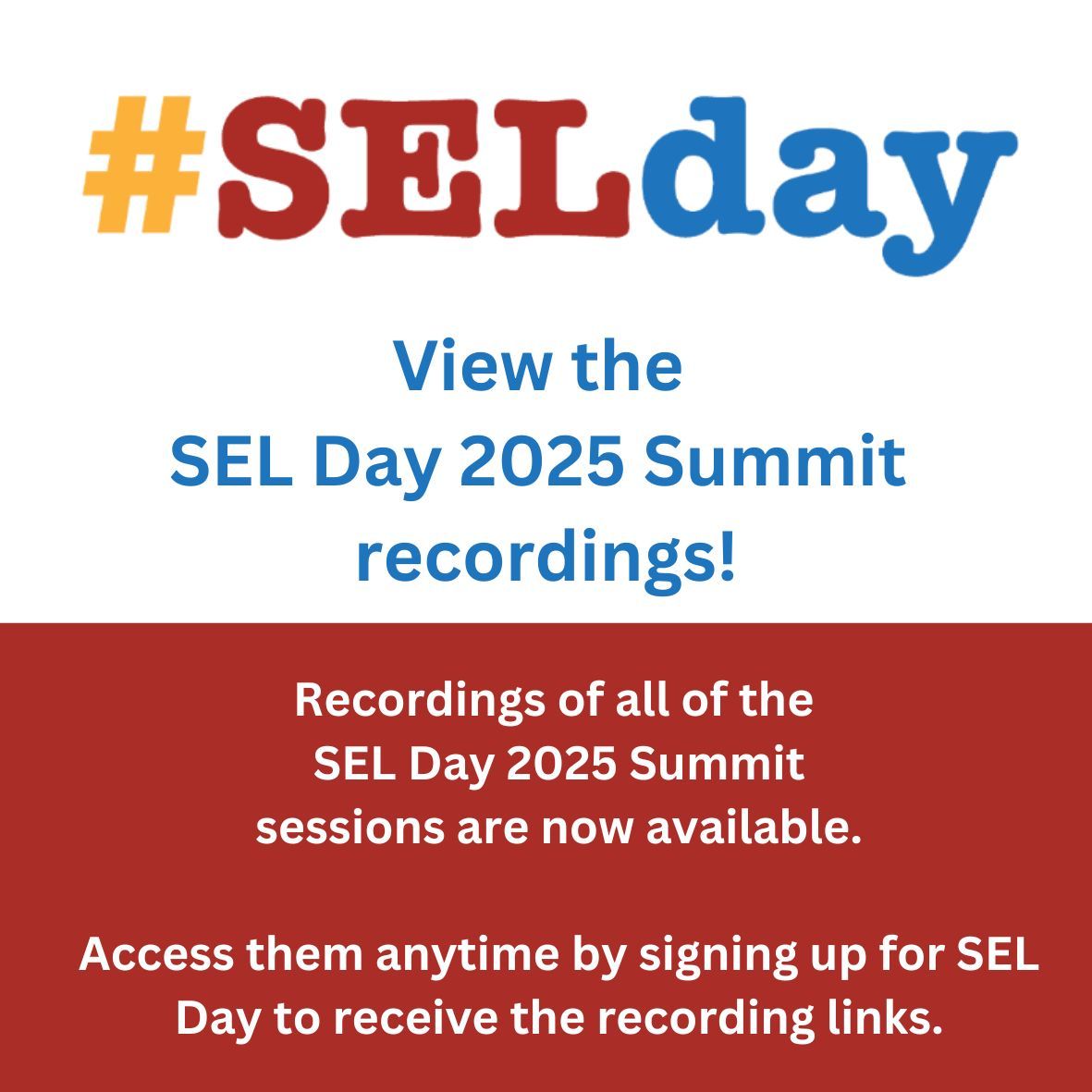 🎉 Missed the #SELDay 2025 Summit?

📌 Sign up for SEL Day now to receive the recording links and keep the momentum going for social-emotional learning!

🔗 Watch now: buff.ly/z32qN4M

#SEL #SELDay2025 #SkillsForSuccess #ReadyForTheFuture #EducationMatters