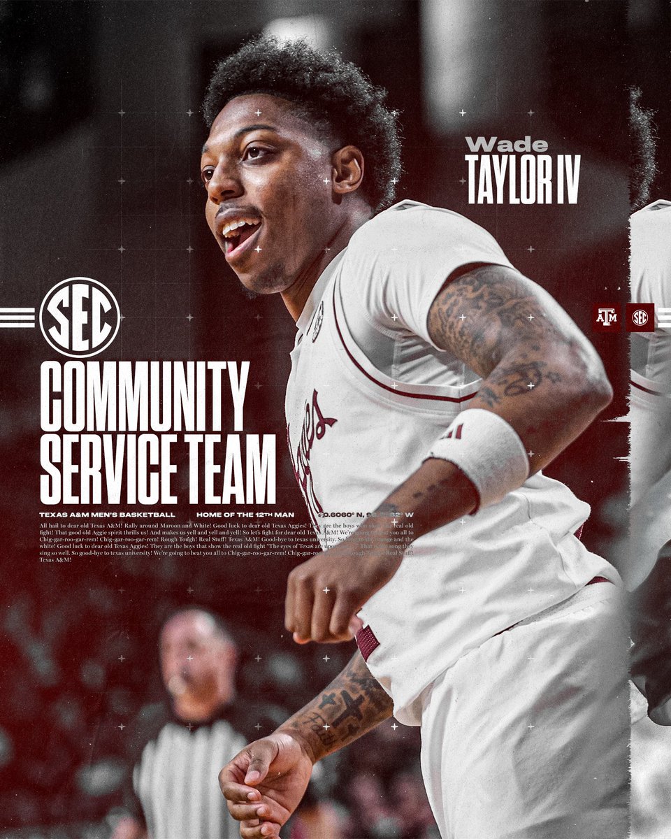 Texas A&M Basketball (@aggiembk) on Twitter photo Four named to the SEC Community Service Team π
Serving the community and using his platform to give back π
π° aggi.es/41v67Rx
#GigEm | <a href="/wadetaylorIV/">TheWadeTaylorIV</a> Four named to the SEC Community Service Team π
Serving the community and using his platform to give back π
π° aggi.es/41v67Rx
#GigEm | <a href="/wadetaylorIV/">TheWadeTaylorIV</a>
