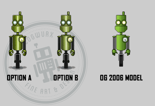 A reminder that I'm not a pixel artist, I try sometimes. Anyway, I updated one of my pixel bots I created 19 years ago. I can't decide which updated version I like better, Option A or B. Thoughts from the #pixelart community? #staycreative #TryingOtherArtStyles