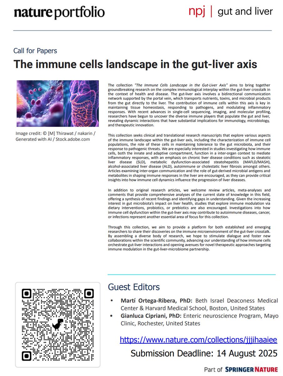 Martí Ortega-Ribera, PhD (@martior92) on Twitter photo 🔊Submit to npj gut & liver <a href="/NaturePortfolio/">Nature Portfolio</a> !
This collection is open for #submission covering the role of innate and adaptive #immune cells in the bidirectional relationship between the #liver, #gut & #microbiome during homeostasis and disease.
#livertwitter #CallForPapers 🔊Submit to npj gut & liver <a href="/NaturePortfolio/">Nature Portfolio</a> !
This collection is open for #submission covering the role of innate and adaptive #immune cells in the bidirectional relationship between the #liver, #gut & #microbiome during homeostasis and disease.
#livertwitter #CallForPapers