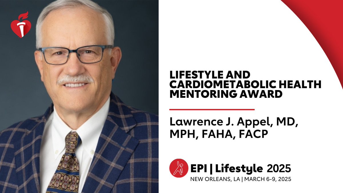 AHA Science (@ahascience) on Twitter photo Congratulations to Lawrence J. Appel, the Lifestyle and Cardiometabolic Health Mentoring awardee. This award honors an individual who provides exceptional individual and institutional mentoring and advocacy for CV lifestyle and cardiometabolic researchers. <a href="/HopkinsMedicine/">Johns Hopkins Medicine</a> Congratulations to Lawrence J. Appel, the Lifestyle and Cardiometabolic Health Mentoring awardee. This award honors an individual who provides exceptional individual and institutional mentoring and advocacy for CV lifestyle and cardiometabolic researchers. <a href="/HopkinsMedicine/">Johns Hopkins Medicine</a>