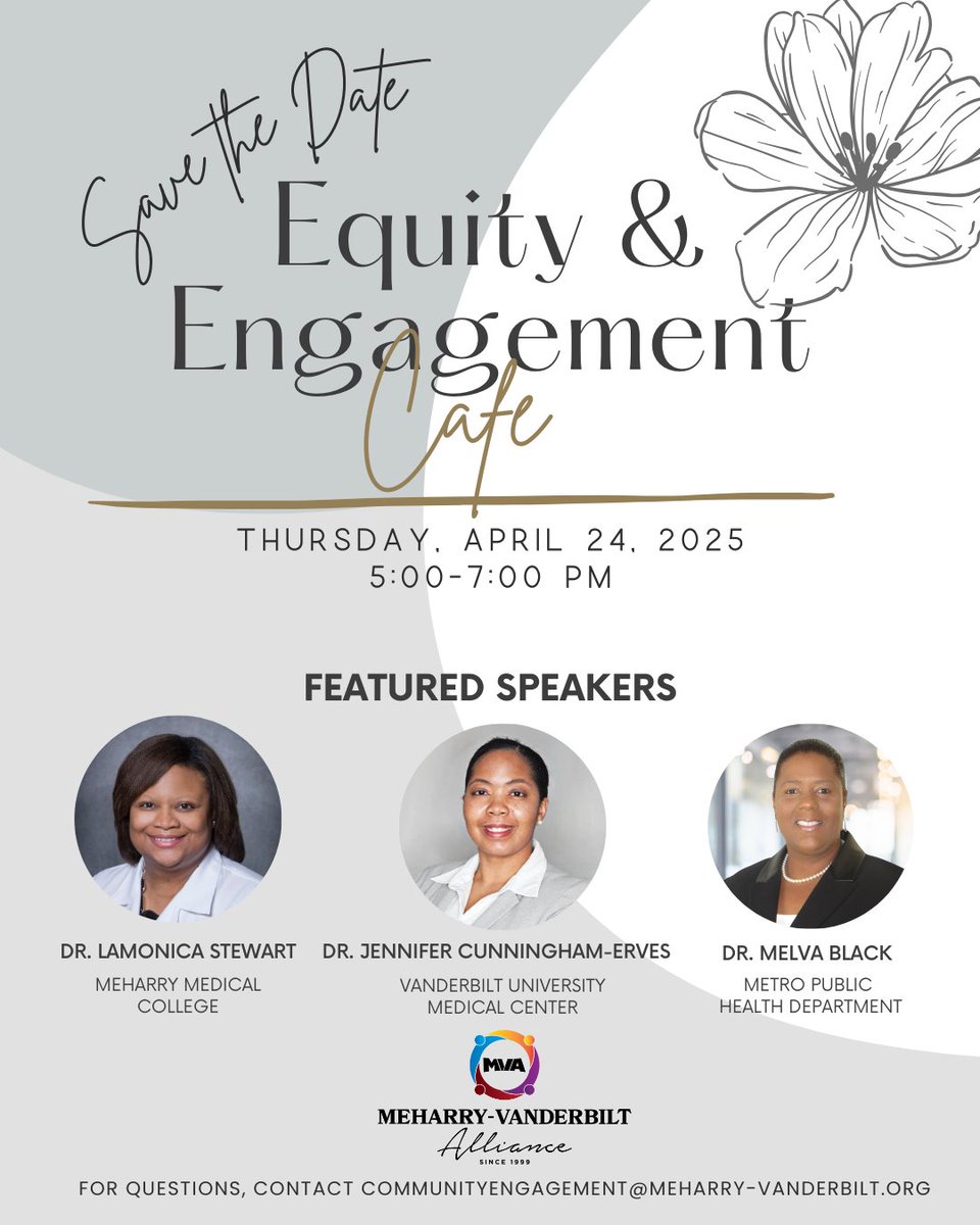 📆 Mark your calendars for the Spring 2025 Equity &amp; Engagement Cafe!

We are excited to announce our lineup of speakers, Dr. LaMonica Stewart, Dr. Jennifer Cunningham-Erves, &amp; Dr. Melva Black. Please save the evening of April 24 &amp; stay tuned next week for registration!