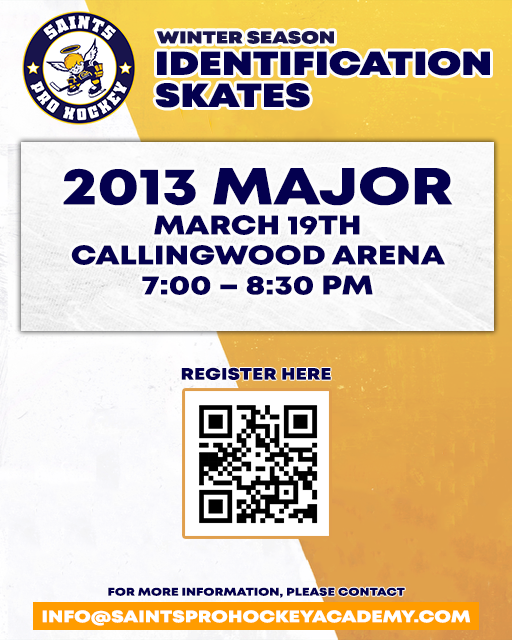 Saints Pro Hockey Academy is hosting a 2013 Major ID Skate on March 19th! Check out the details in the graphic below!

Register here: bit.ly/4ktg8HK