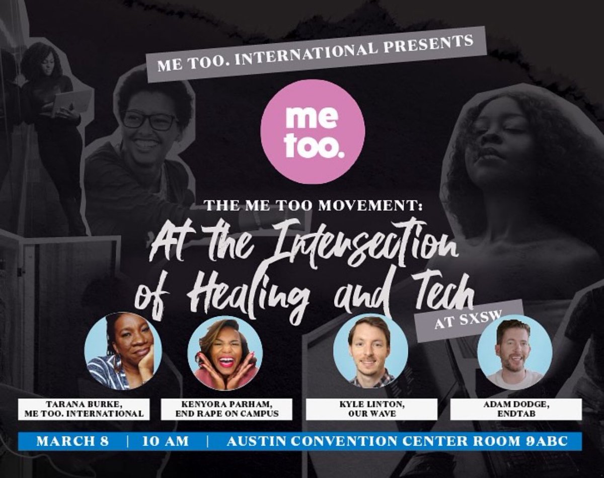 We’ll be at <a href="/sxsw/">SXSW</a>! 

This Saturday, 3/8 (International Women’s Day!), come check out our CEO <a href="/HerstoryK/">Kenyora Lenair Johnson, MSW</a> and our partners at <a href="/MeTooMVMT/">me too.</a> <a href="/ourwavestories/">Our Wave</a> and EndTab for a powerful discussion on the intersection of #Healing and #Technology within the anti-sexual violence movement.