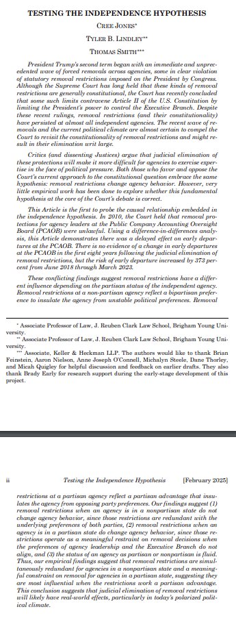 Given what is happening across government agencies, it seems appropriate to post a new paper by <a href="/creelanejones/">Cree Jones</a>, Thomas Smith, and I called "Testing the Independence Hypothesis," forthcoming 2025 in the <a href="/AdLawReview/">ALR</a>. (papers.ssrn.com/sol3/papers.cf…) 1/