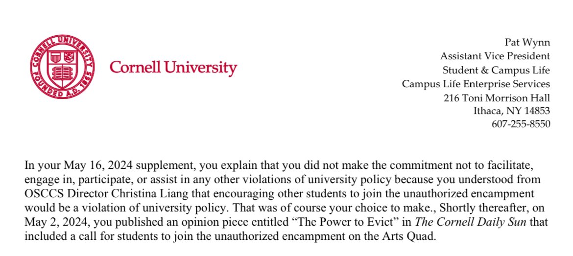 nick (@unionnick) on Twitter photo Anti-Palestine speech crackdowns don’t just target protests. <a href="/Cornell/">Cornell University</a> offered me credit for my classes if I signed a gag order barring me from supporting the encampment. I declined, and then they used an article I wrote in <a href="/cornellsun/">The Cornell Daily Sun</a> as evidence in their disciplinary process. Anti-Palestine speech crackdowns don’t just target protests. <a href="/Cornell/">Cornell University</a> offered me credit for my classes if I signed a gag order barring me from supporting the encampment. I declined, and then they used an article I wrote in <a href="/cornellsun/">The Cornell Daily Sun</a> as evidence in their disciplinary process.