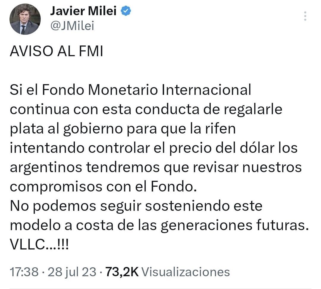 Pleno apoyo a Javier Milei. Hay que proceder tal cual él lo indicó. Minga al FMI.