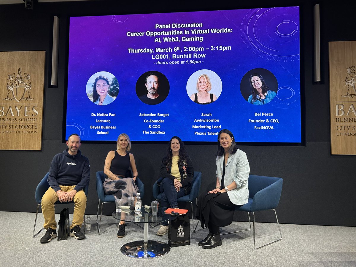 borgetsebastien's tweet photo. 🎓 Went back to school for a day as guest of honor to give a speech at Bayes Business School @BayesBSchool in London 🇬🇧 on the Metaverse and my Entrepreneur’s journey, followed by a fireside chat with @nettra @belpesce & @SarahAkwisombe on Career Opportunities in Virtual Worlds, Web3 and AI. 

I consider it’s always important to stay close to your users and to breakthrough the cliches by inspiring young generations to become creators and seize the new opportunities lying into the digital spaces. 

Some of my take-aways
- Playing video games can bring you many skills needed in the professional life: creativity, problem solving, iterative thinking, taking efficient decisions etc.
- Nobody is born into a job, but we gain experience through our experiences
- No company will teach you AI or Web3, but you will be learning these skills and train other as you are put into projects involving these technologies
- We’re living an exciting time of experimentation, where traditional business models are challenged
- Give the opportunity for people to evolve and take responsibility, help them acknowledge their mistakes to learn from them
- Entrepreneurship is a mindset, you should be ready to constantly selling a product, service or idea - at any time 
- You can succeed without a “dog eat dog” mentality, Web3 enables collaboration and network effects among competitors 

Hope these will be useful to whoever is willing to listen 🫡