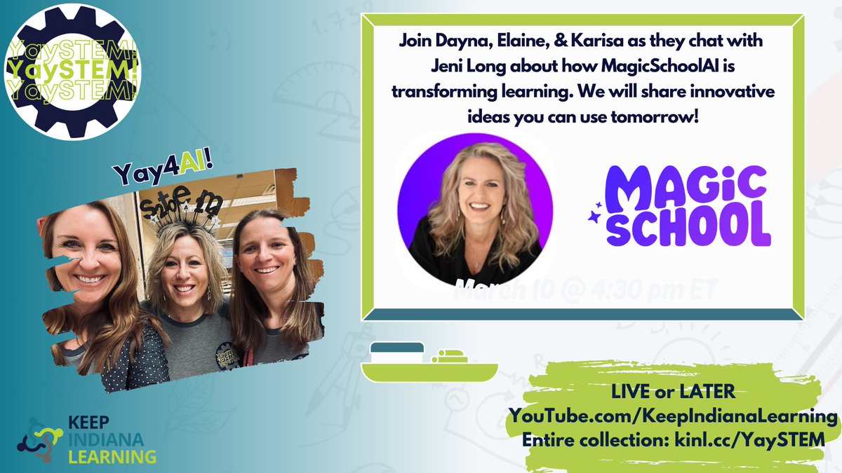 Karisa Schwanekamp (@mrsschwanekamp) on Twitter photo Join us this Monday @ 4:30pmET
as we chat with THE <a href="/jlo731/">Jeni Long ๐๐ช</a> about all things <a href="/magicschoolai/">MagicSchool AI ๐ ๐ชโจ</a> ๐ <a href="/YaySTEM/">YaySTEM!</a>
๐teachers bring the magic
๐creative, engaging uses
๐favorite app-smashes
Live & later on the <a href="/KeepINLearning/">Keep Indiana Learning</a> YouTube channel ๐ฝ๏ธ Join us this Monday @ 4:30pmET
as we chat with THE <a href="/jlo731/">Jeni Long ๐๐ช</a> about all things <a href="/magicschoolai/">MagicSchool AI ๐ ๐ชโจ</a> ๐ <a href="/YaySTEM/">YaySTEM!</a>
๐teachers bring the magic
๐creative, engaging uses
๐favorite app-smashes
Live & later on the <a href="/KeepINLearning/">Keep Indiana Learning</a> YouTube channel ๐ฝ๏ธ