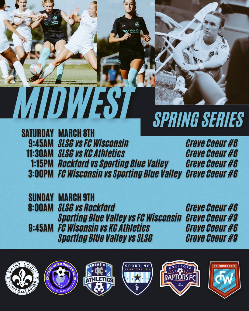 First games of the spring ECNL season kicks off this weekend  in St. Louis. Hoping to see some coaches on the sideline! My game times are 9:45 on Saturday, field 6 and 8 on Sunday, field 9.
<a href="/ImYouthSoccer/">ECNL/GA/Recruiting/College Soccer</a> <a href="/ImCollegeSoccer/">College Soccer Truth ™</a> <a href="/FCW_ECNL/">FC Wisconsin Girls Soccer</a> <a href="/TopDrawerSoccer/">TopDrawerSoccer</a> <a href="/TheSoccerWire/">SoccerWire</a> <a href="/ECNLgirls/">ECNL Girls</a>