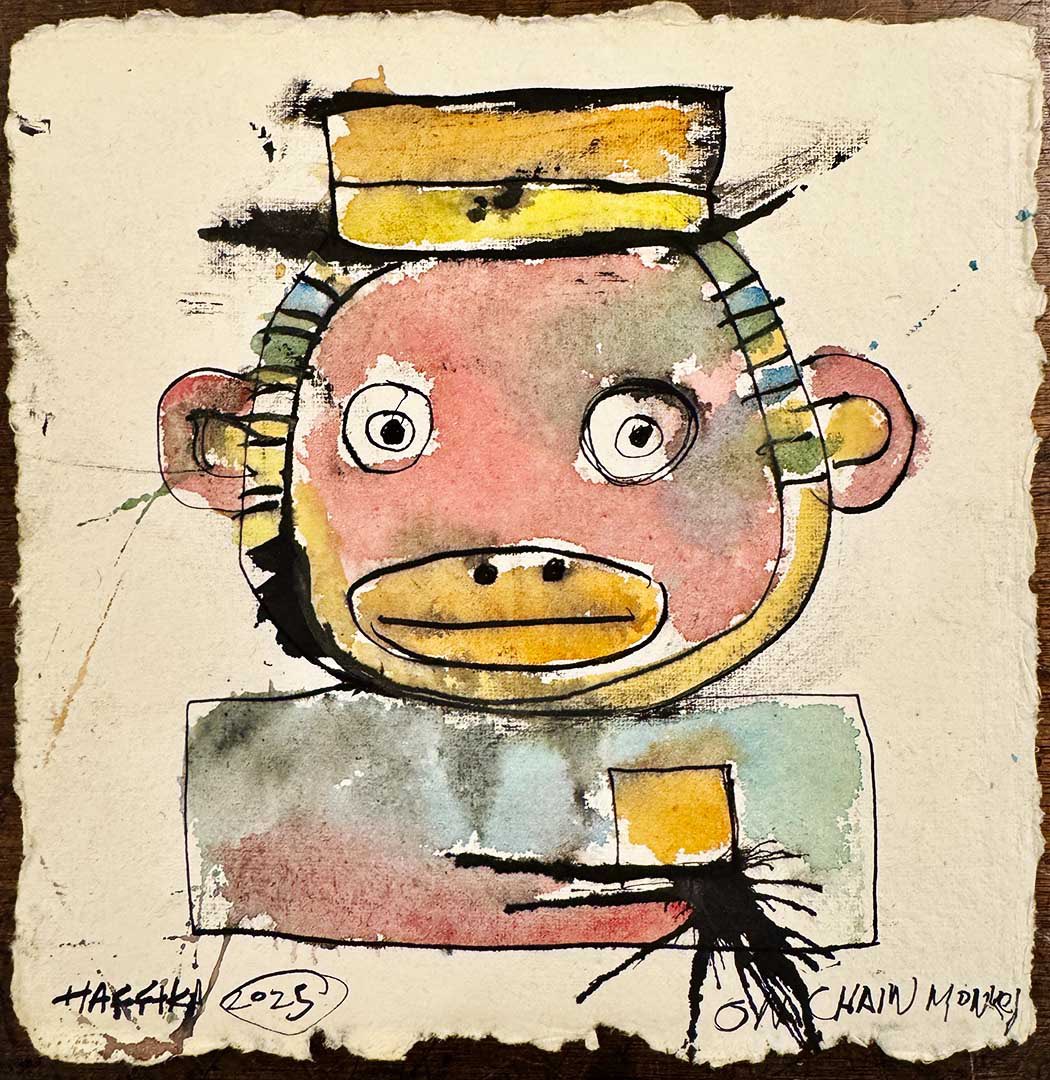 This is historic and the rarest of the monkeys because I reinscribed this monkey with an analog monkey 🐒 that I made and it was bought by the legendary collector <a href="/abnrml888/">abnrml888</a> for .0985 btc thank you &amp; to the <a href="/OnChainMonkey/">OnChainMonkey®</a> community !RISE 🙏🎨 Art on Bitcoin 🐵🐵🐵🐵🐵🐵LFG