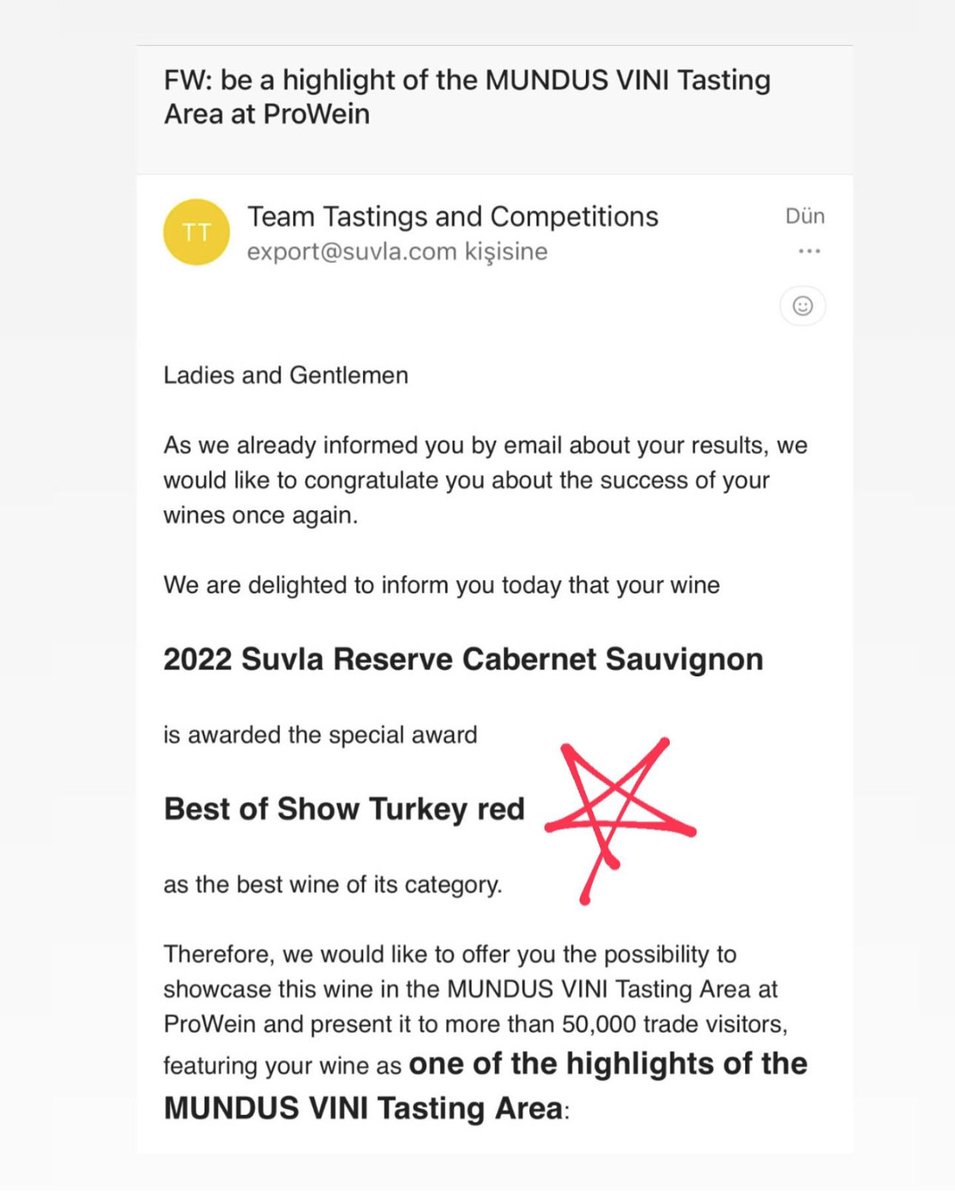 Gururla duyurmak isteriz; Suvla Reserve Cabernet Sauvignon 2022 Mundus Vini’de özel bir ödüle layık görüldü. 

🏆Best of Show Turkey red
As the best wine of it’s category

☄️Kategorisinde Türkiye’nin en iyi kırmızı şarabı ünvanını kazandı.

#suvla #suvlawines