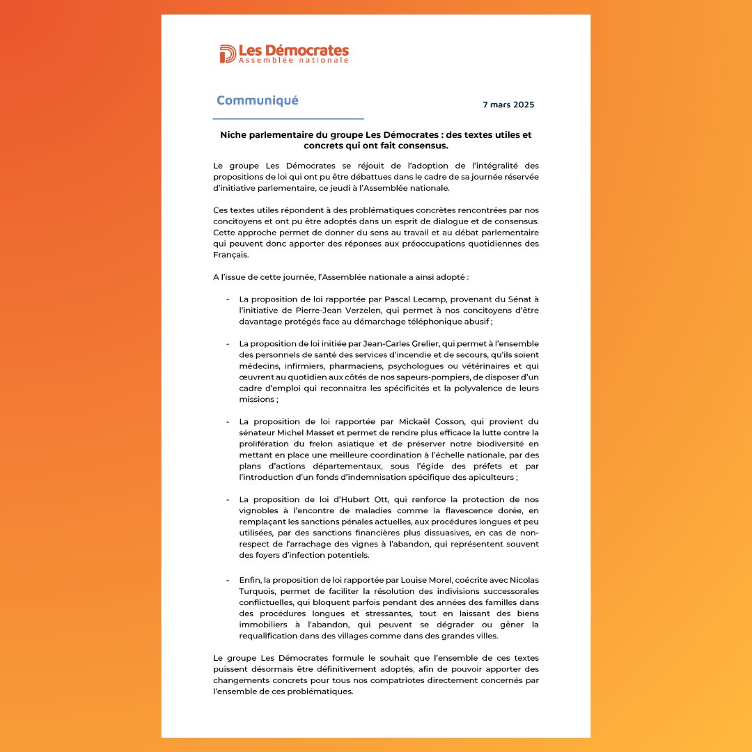 📝 Niche parlementaire du groupe Les Démocrates : des textes utiles et concrets qui ont fait consensus.

Retrouvez notre communiqué ⬇️