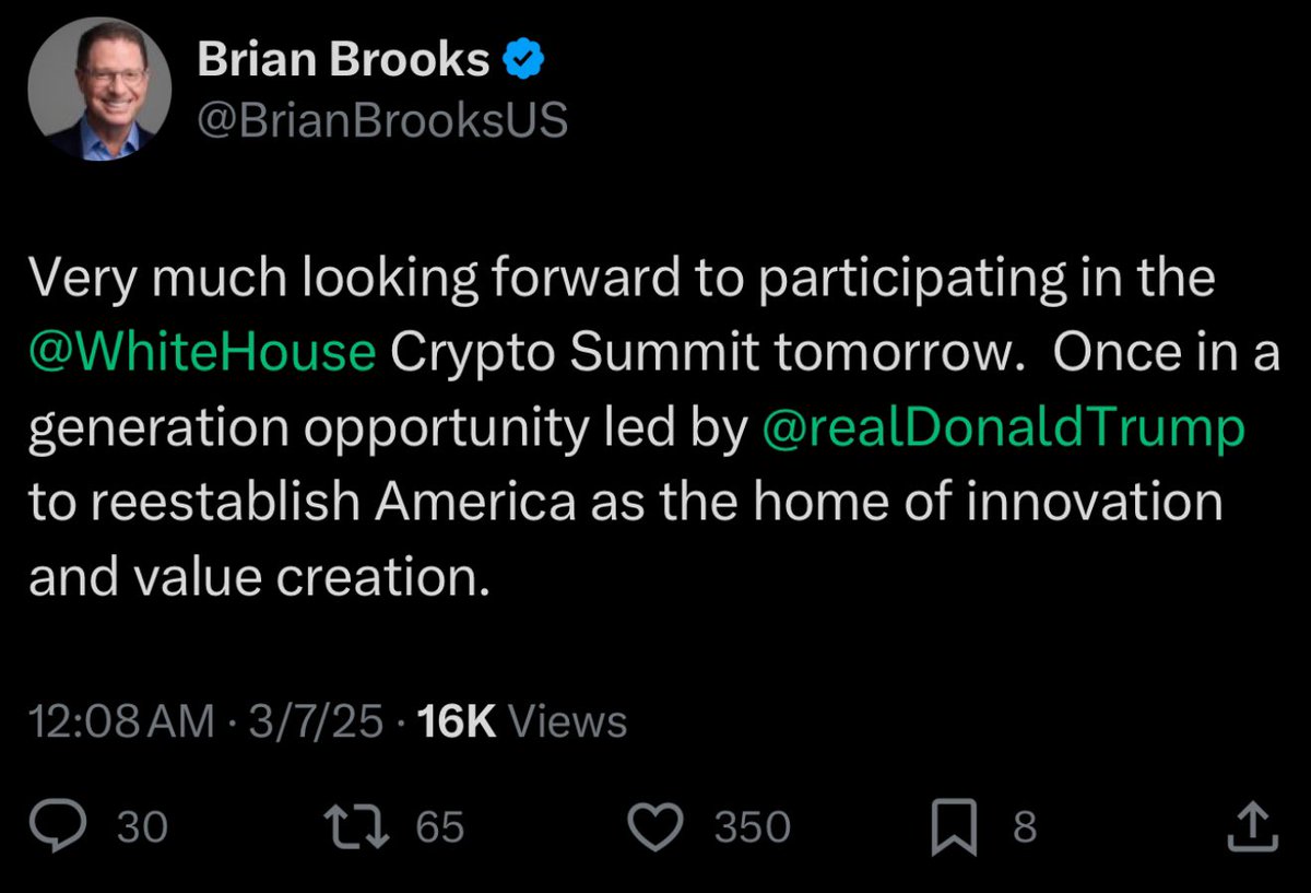 🚨CONFIRMED: $HBAR board member Brian Brooks is attending the crypto summit at the White House 

(I broke this before everyone else because I have the best sources in crypto)
