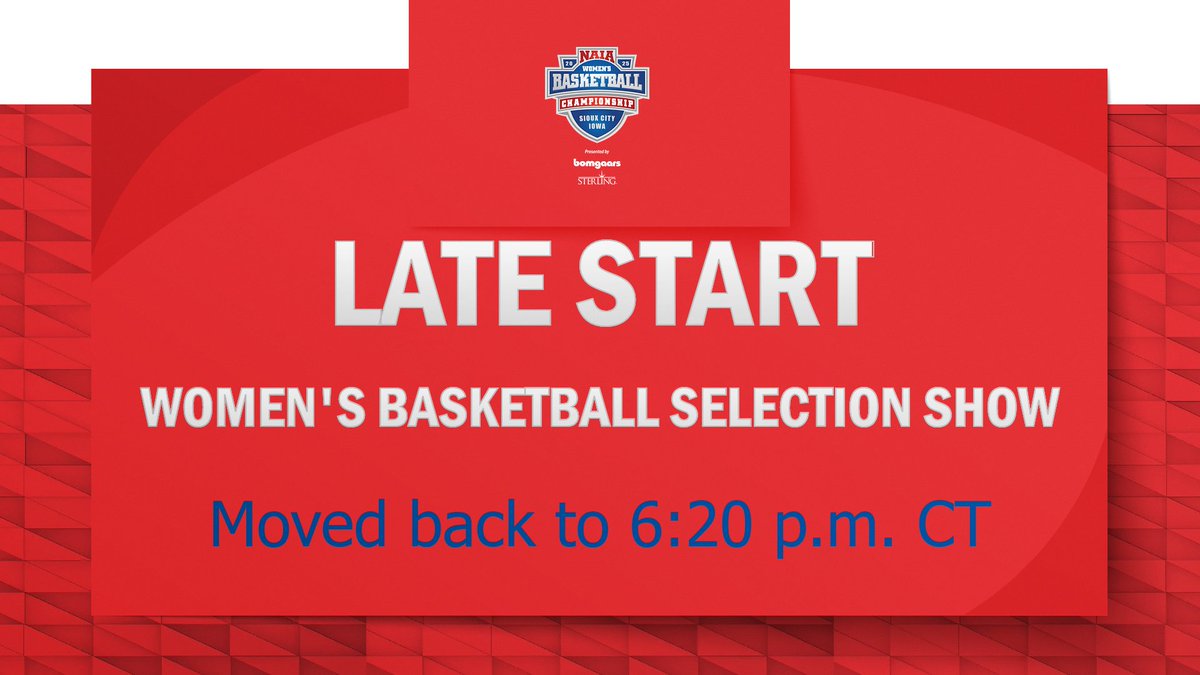 W🏀
We have a delayed start for the #NAIAWBB Selection Show. We will see you at 6:20 p.m. CT 

Watch here naianetwork.com