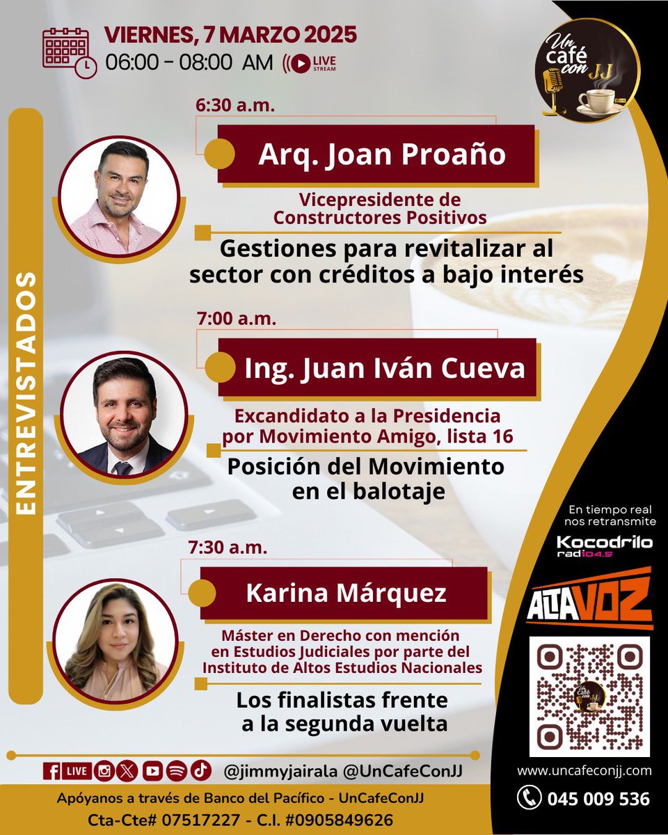 ☕️Mañana en <a href="/UnCafeConJJ/">Un Café con JJ</a> tenemos como invitados a:
🎙️<a href="/JoanProano/">Joan Proano</a> 
🎙️<a href="/JuanIvanCuevaEc/">Juan Ivan Cueva</a> 
🎙️Karina Márquez 

📌Síganos en las cuentas de <a href="/jimmyjairala/">Jimmy Jairala</a> en YouTube y Facebook, <a href="/CafeClub_Lat/">CafeClubTv</a> <a href="/altavoz_ecu/">Altavoz EC</a>