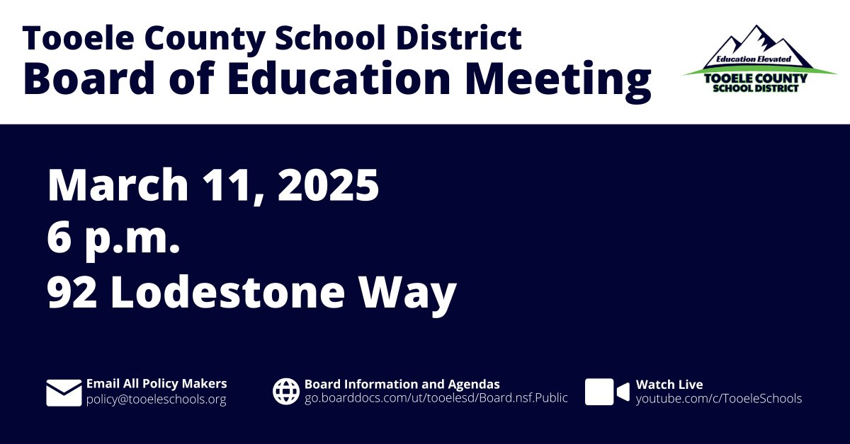 Join us on March 11 at 6 p.m. for the Board of Education Meeting held at the Tooele County School District office, 92 Lodestone Way, Tooele. Watch live at youtube.com/c/TooeleSchools. The agenda is available at go.boarddocs.com/ut/tooelesd/Bo…