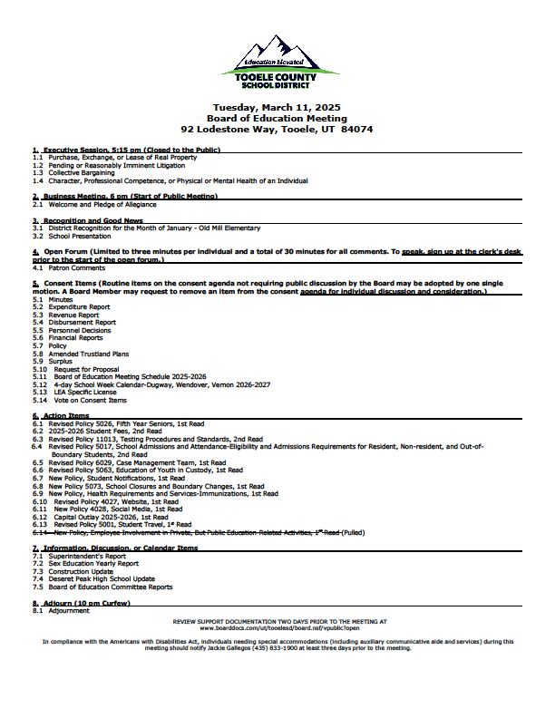 Join us tonight, March 11 at 6 p.m. for the Board of Education Meeting at the Tooele County School District office, 92 Lodestone Way, Tooele. Watch the meeting at youtube.com/c/TooeleSchools. The agenda is available at go.boarddocs.com/ut/tooelesd/Bo…