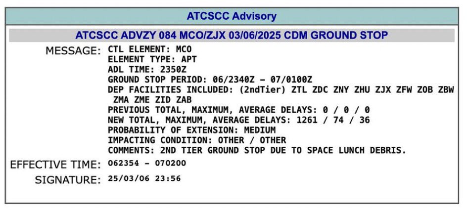 Our nation is out of control on so many levels

The FAA has halted flights into Miami, Fort Lauderdale, Palm Beach, and Orlando airports due to "space launch debris" from SpaceX's failed Starship launch. The ground stop will last until at least 8 p.m. EST.
