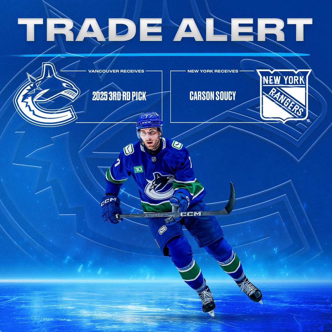 Vancouver Canucks General Manager Patrik Allvin announced today that the club has acquired a third-round draft pick in the 2025 NHL Entry Draft from the New York Rangers in exchange for defenceman Carson Soucy.

Additional details: vancanucks.co/4iu0bzb