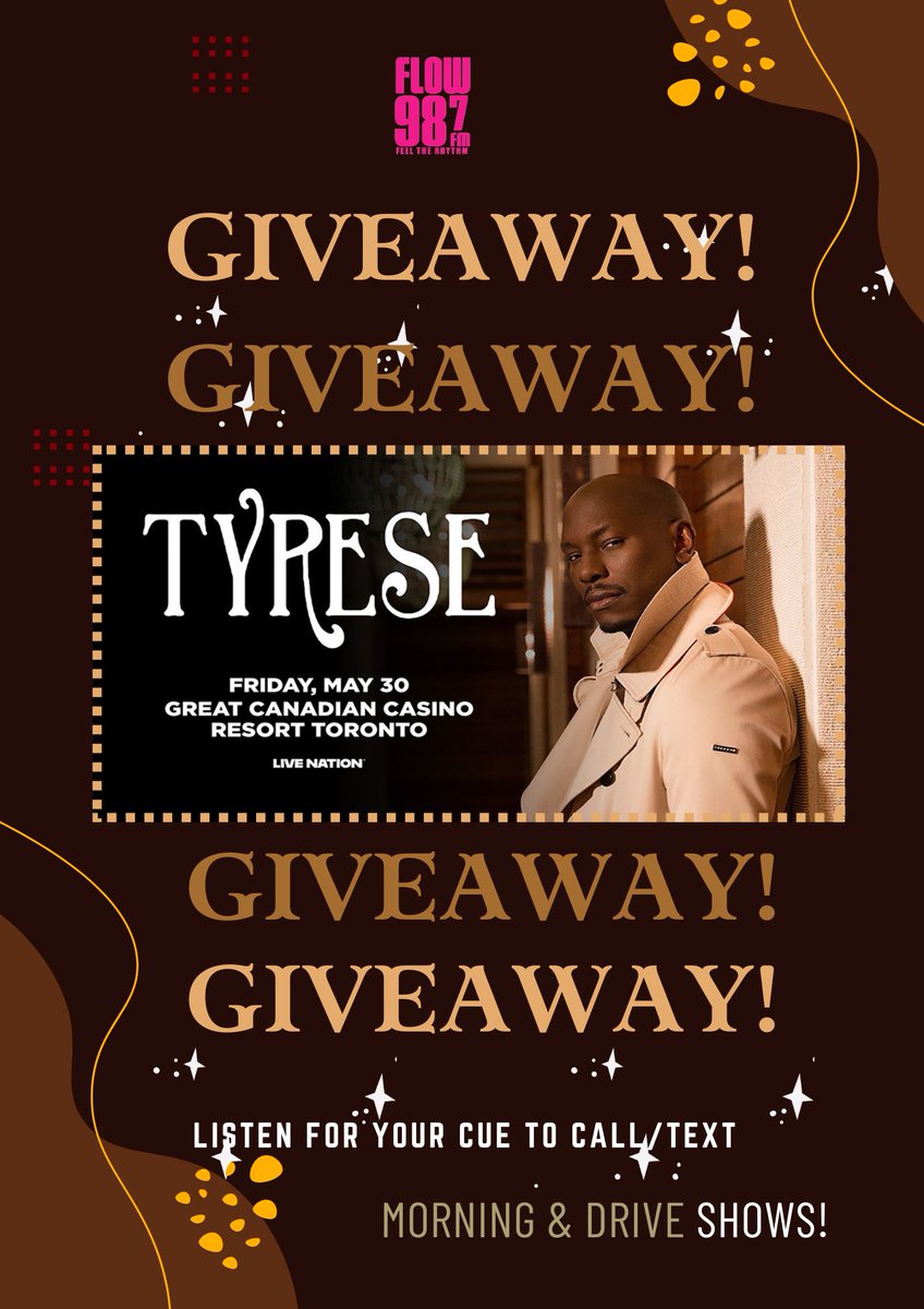 R&amp;B fans, get ready! Tyrese is coming to Great Canadian Casino Resort Toronto on Friday May 30, and FLOW987FM is giving you the chance to be there!

TUNE in TOMORROW MORNING with Ace and Marlon and the DRIVE with Trizz for your chance to win!