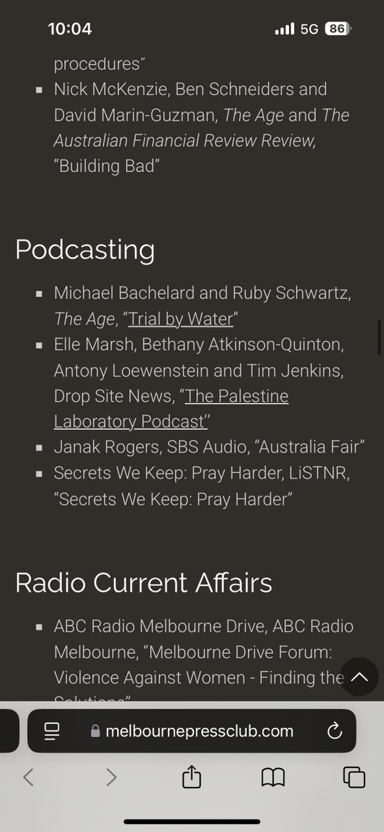 Antony Loewenstein (@antloewenstein) on Twitter photo In 2024, I released The Palestine Laboratory podcast series with <a href="/DropSiteNews/">Drop Site</a>, a 4-part investigative work that expands on my best-selling <a href="/VersoBooks/">Verso Books</a> <a href="/scribepub/">Scribe Publications</a> book of the same time.
Rapt to announce that it's a finalist in one of Australia's major journalism awards, the In 2024, I released The Palestine Laboratory podcast series with <a href="/DropSiteNews/">Drop Site</a>, a 4-part investigative work that expands on my best-selling <a href="/VersoBooks/">Verso Books</a> <a href="/scribepub/">Scribe Publications</a> book of the same time.
Rapt to announce that it's a finalist in one of Australia's major journalism awards, the