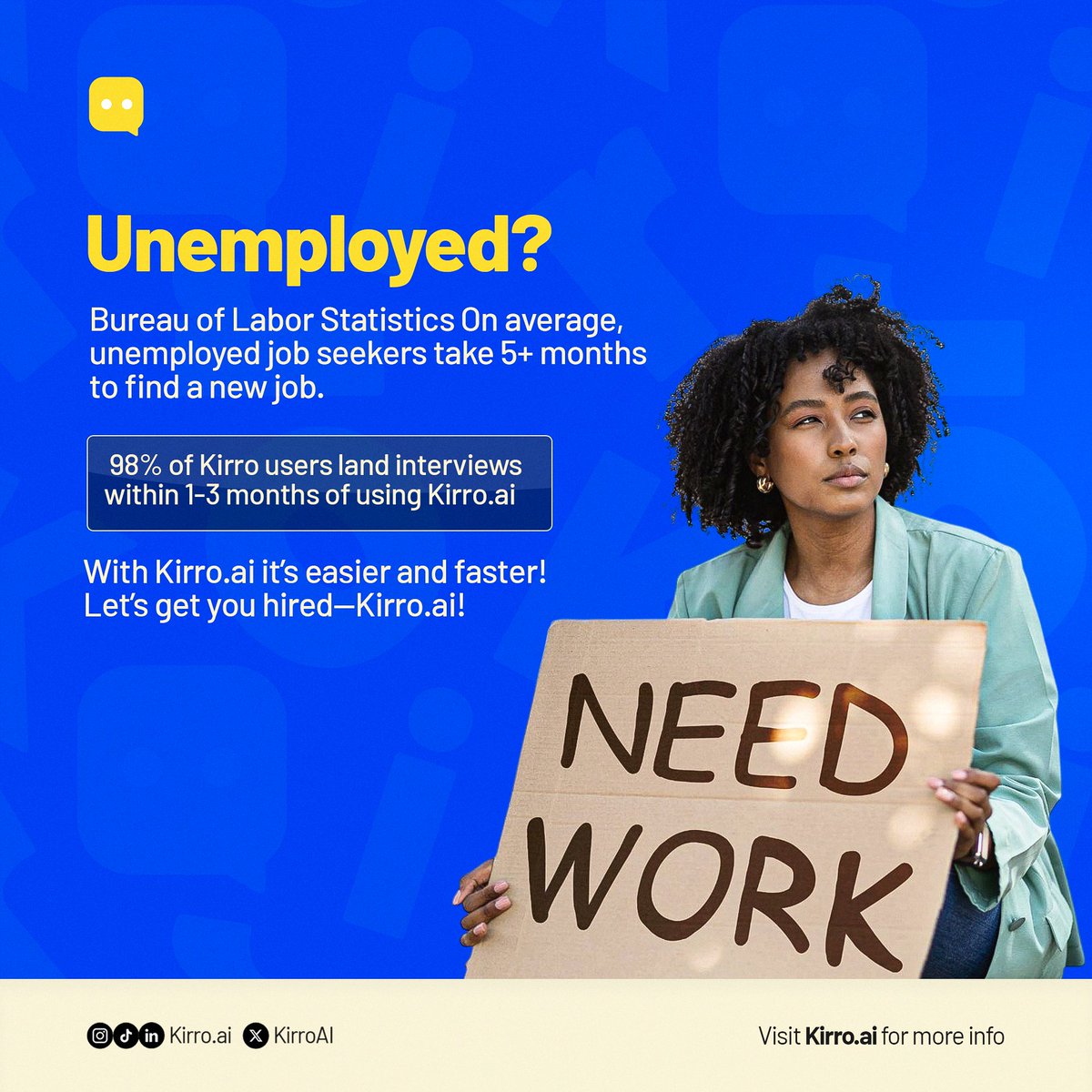 KirroAI's tweet photo. Struggling to find a job? 😓 

The average job search takes over 5 months, but 98% of Kirro users land interviews in just 1-3 months! 🚀 

Let’s get you hired visit https://t.co/psnYIHNMFg today!
 #JobSearch #CareerSuccess #KirroAI #Job #tech https://t.co/J1lxKYFAQZ