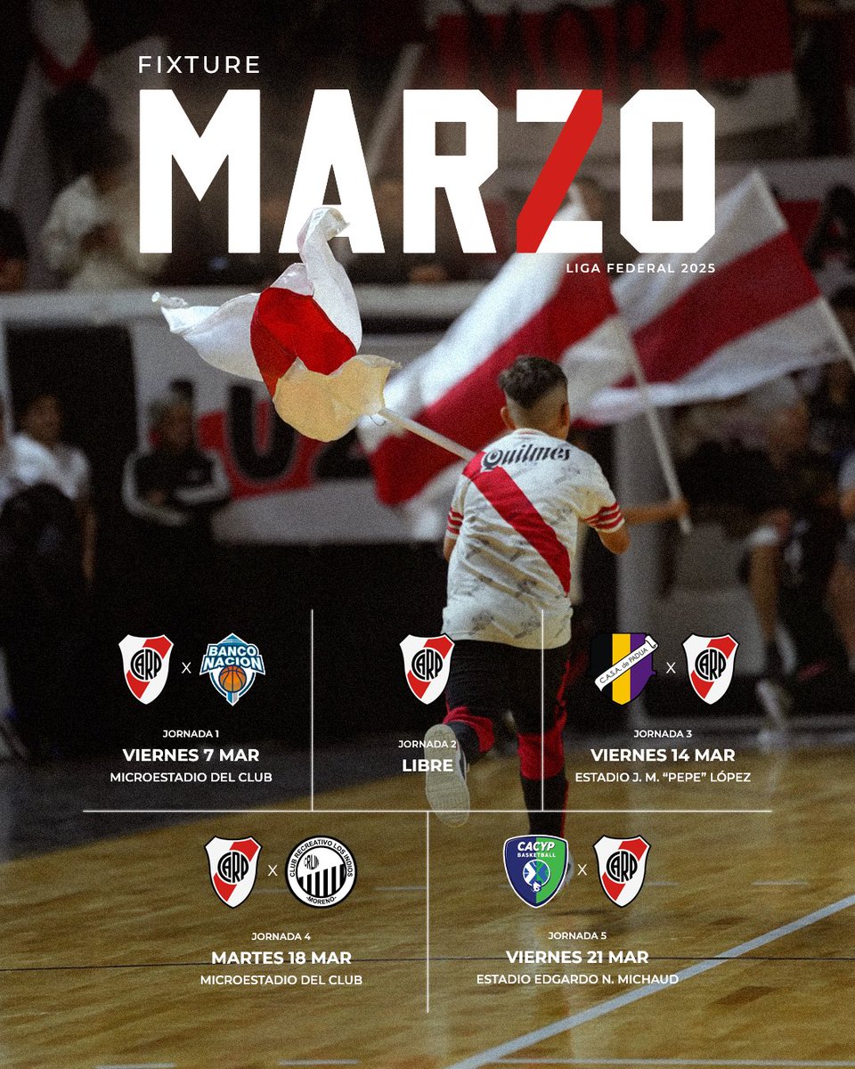 🔜🏀 La CAB dio a conocer las fechas de las primeras 5 jornadas de la Liga Federal a disputarse este mes de marzo.

ℹ️ El debut será este viernes 7 en el Microestadio a las 21.

#VamosRiver ⚪️❤️⚪️